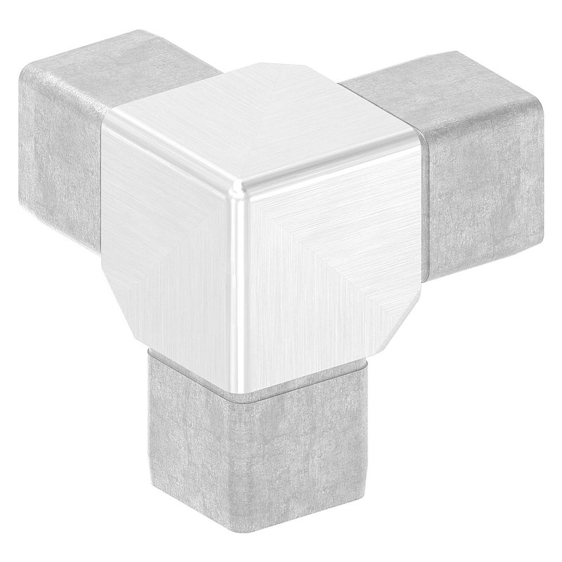 Raccord d'angle à 90° avec 3 sorties égales pour tube 30x30x2,0mm, V4A