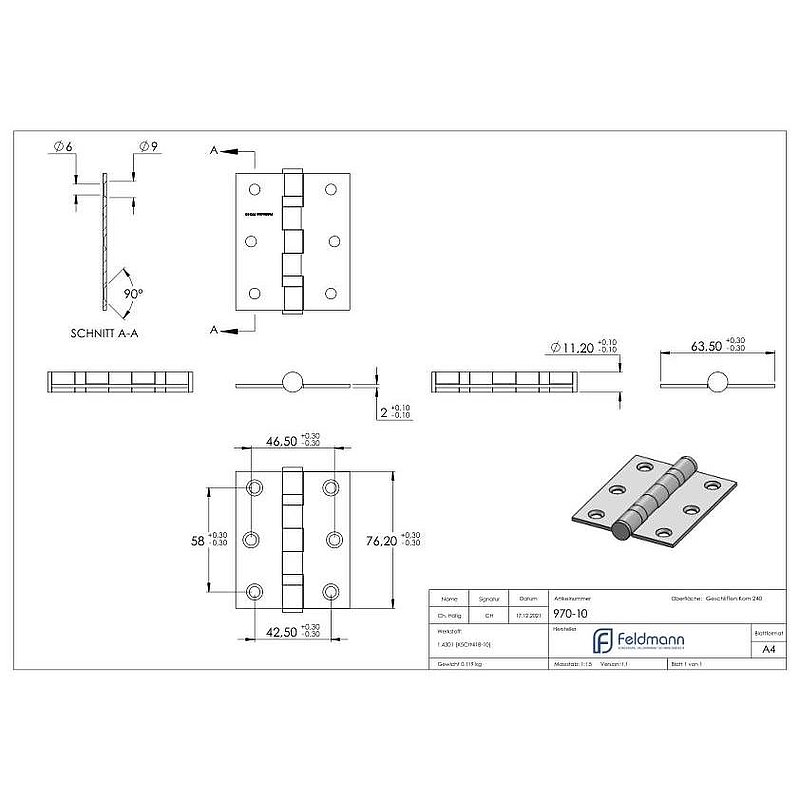 Edelstahl-Scharnier 76x63mm mit festem Zapfen