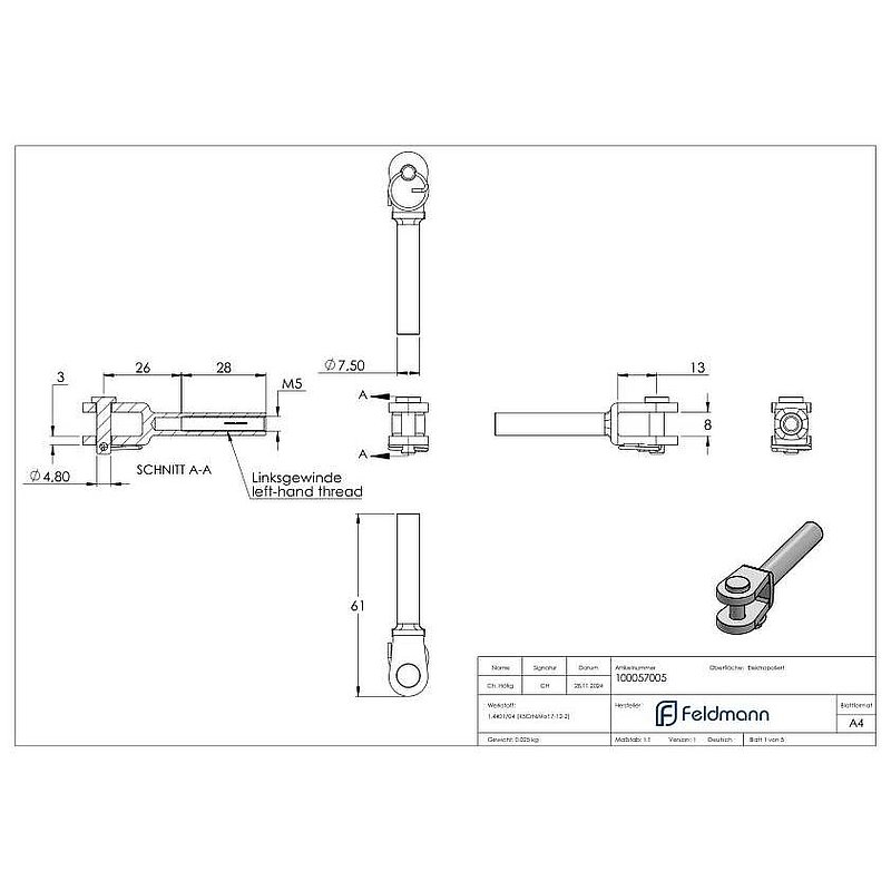 Fork terminal with internal thread M5 left, AISI316