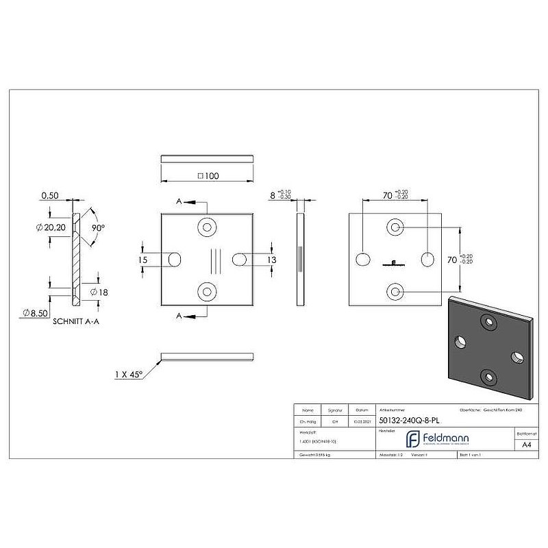 Ankerplatte, 100x100x8mm mit Fase, V2A