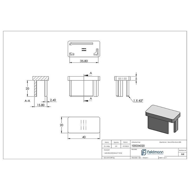 Einsteckkappe, für Rohr 40x20x2,0mm, V4A