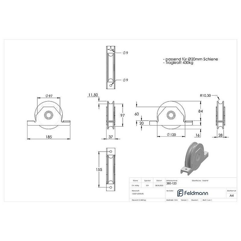 Galet de portail coulissant, rainure ronde, Ø 120mm, pour rail Ø 20mm, 2 roulements à billes, galv.