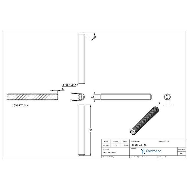 Gewindestift M10x80, V2A, DIN 913 / ISO 4026
