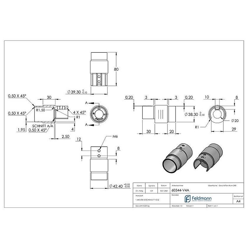 Connector for grooved tube 42.4x1.5mm, AISI316