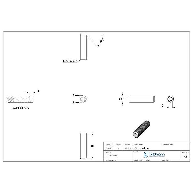 Gewindestift M10x40, V2A, DIN 913 / ISO 4026