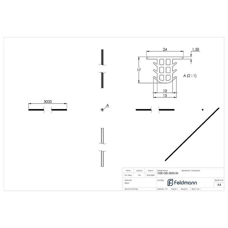 Joint intermédiaire en silicone transparent, pour verres, L: 3000mm
