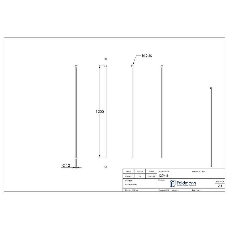 Zaunstab Ø 12mm, H: 1200mm, Kugel 25mm