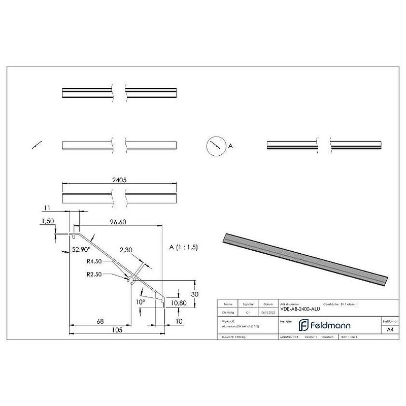 Cache design pour eleganza canopy, L: 2405mm, aluminium E4/EV1