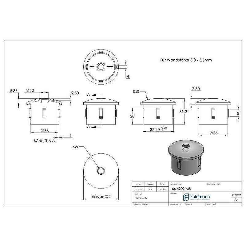 Bouchon en acier, pour tube 42,4mm