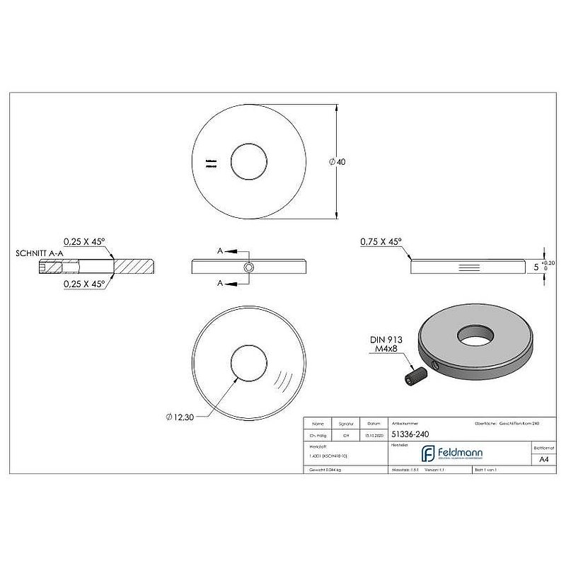 Abdeckscheibe 40x5mm, mit Rundschliff und Fase, Bohrung 12,3mm, V2A