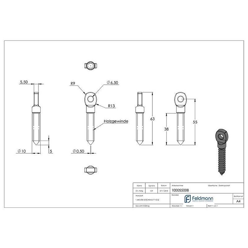 Augenschraube, mit Holzgewinde 8mm, V4A