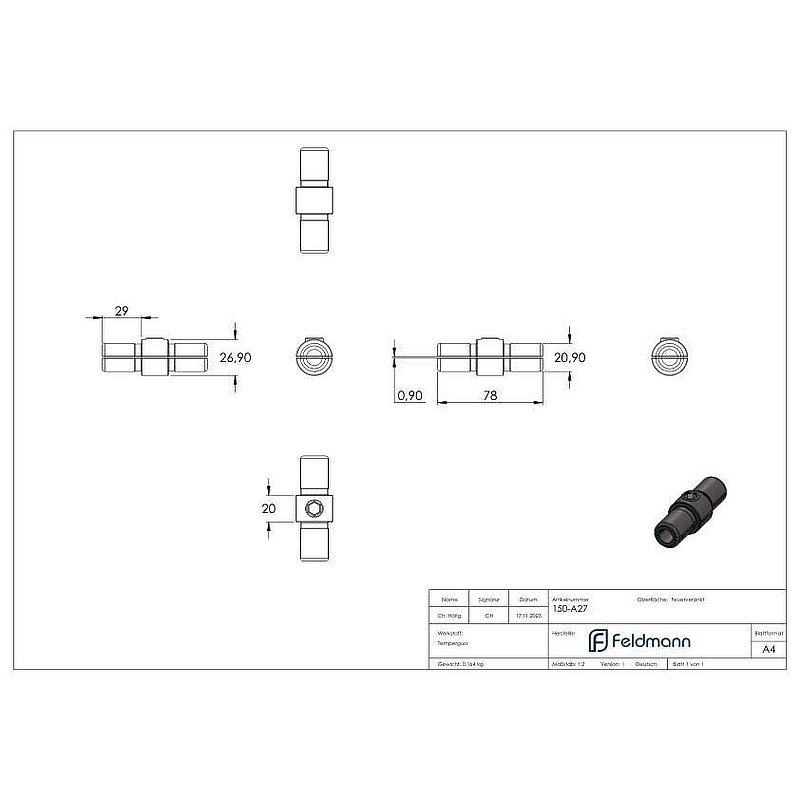 Connecteur, droit, dans le tube, pour tube Ø 26,9mm