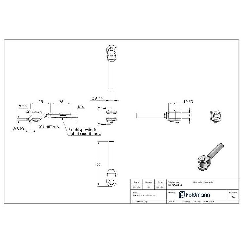 Fork terminal with internal thread M4 right, AISI316