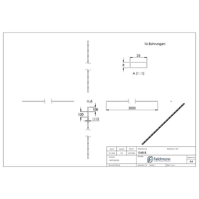 Perforated strip S235JR, 25x8mm, hole spacing 120mm, 2000mm