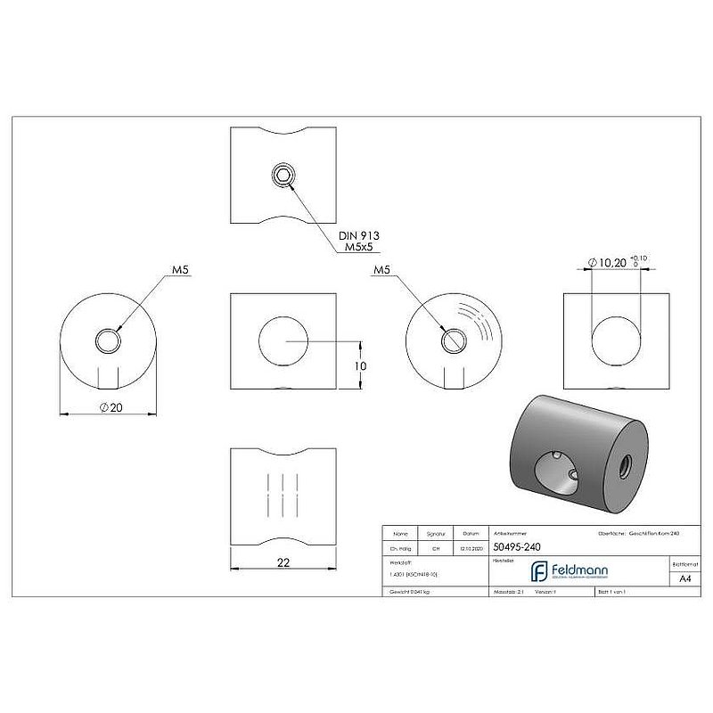 Cross bar holder (mounting between two flat bars) with 10.2 mm hole, AISI304