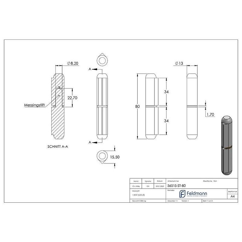 Anschweißband mit Messingring und -stift, Länge: 80mm
