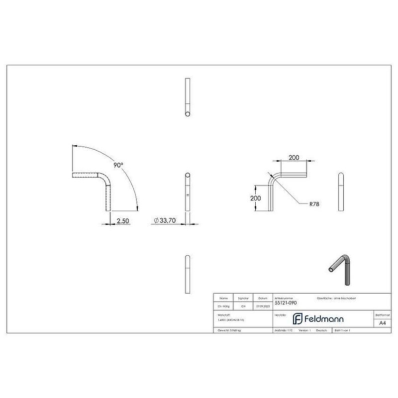 Tube bend 90°, made of tube 33.7x2.5mm, AISI304