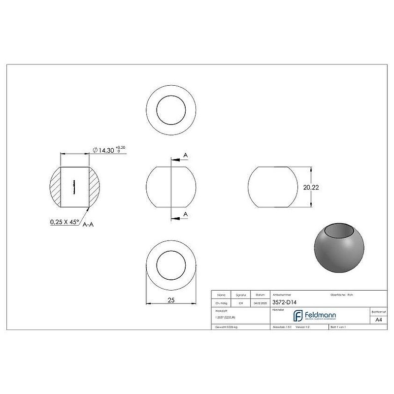Massivkugel 25mm, mit Durchgangsbohrung 14,3mm