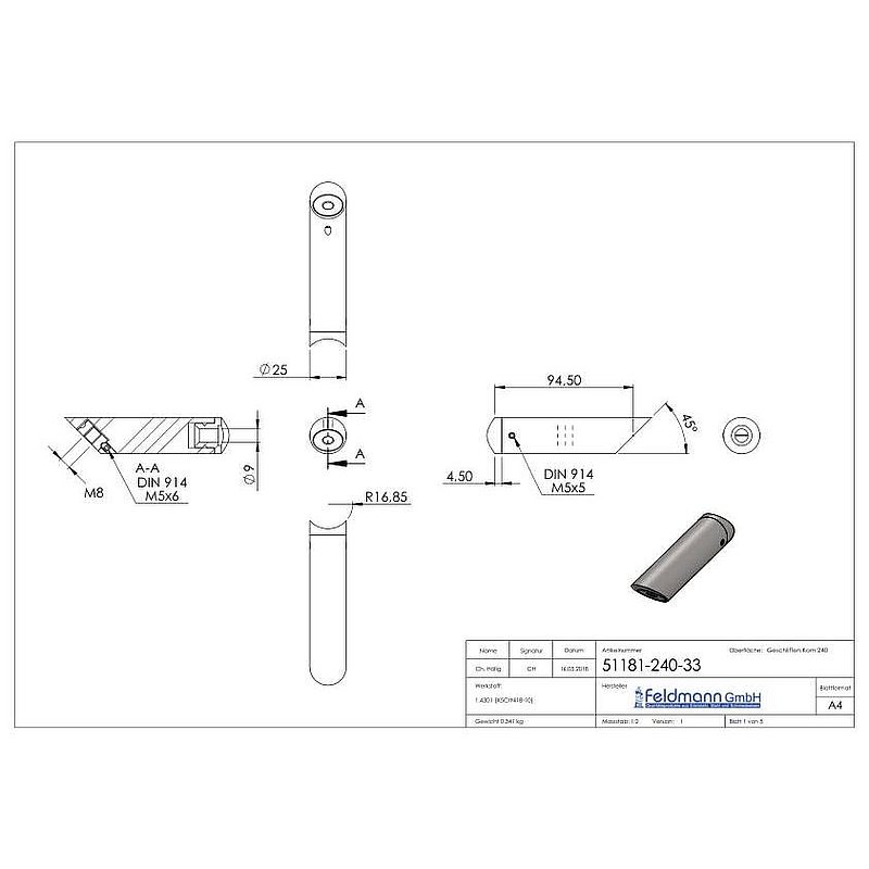 Rohrabstandshalter schräg, für Rohranschluss 33,7mm, V2A