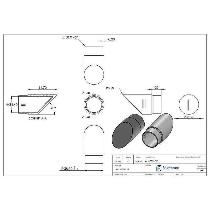 Endbogen 45°, für Rohr 42,4x2,0mm, V2A