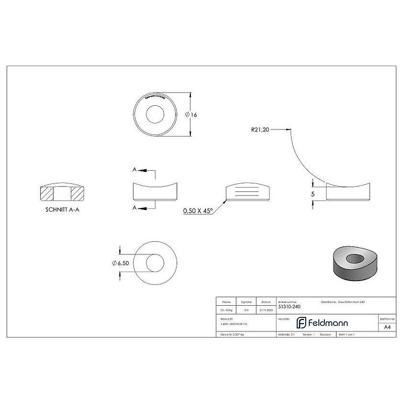 Ausgleichsstück (ohne Senkung) für Rohr 42,4mm, Ø 16mm, V2A