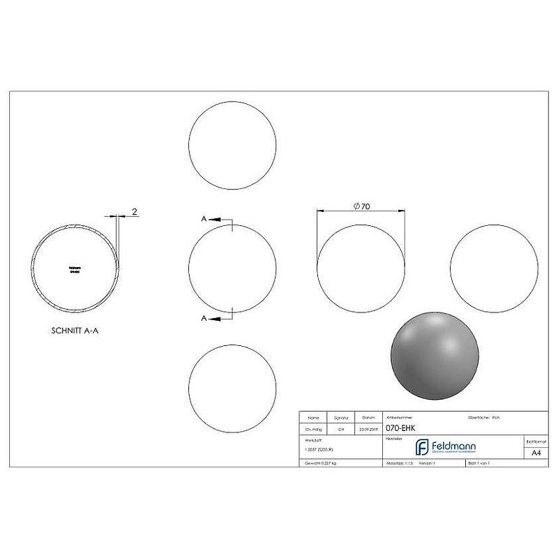 Eisenhohlkugel Ø 70x2,0mm