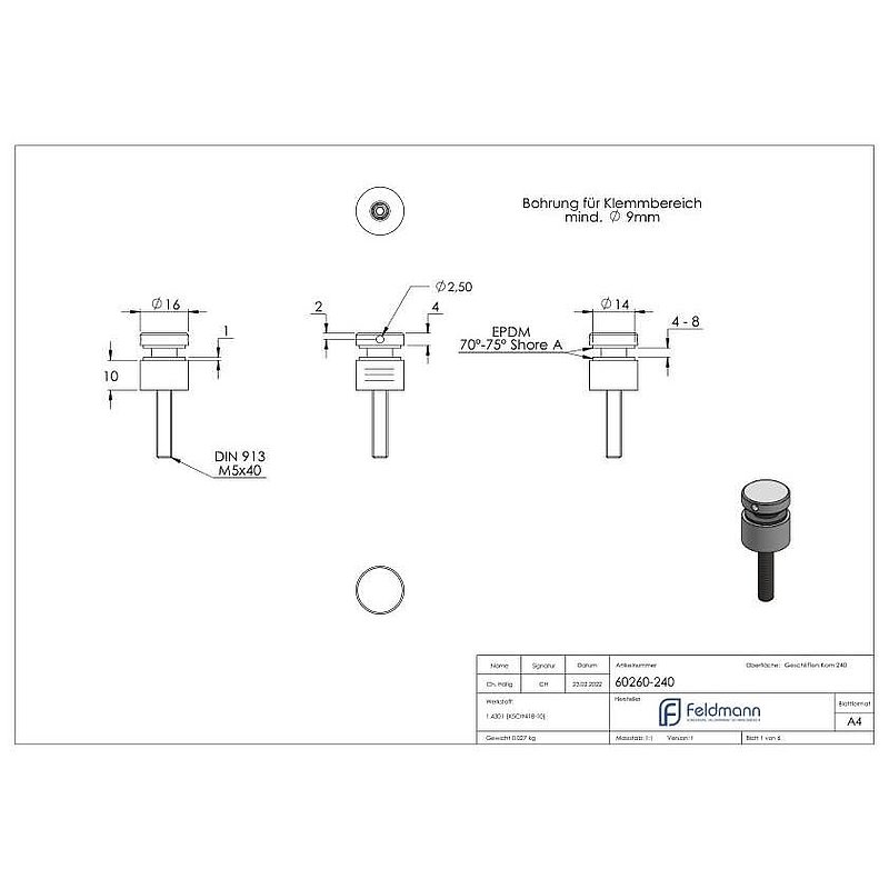 Point de fixation 16mm, jonction: droite, V2A