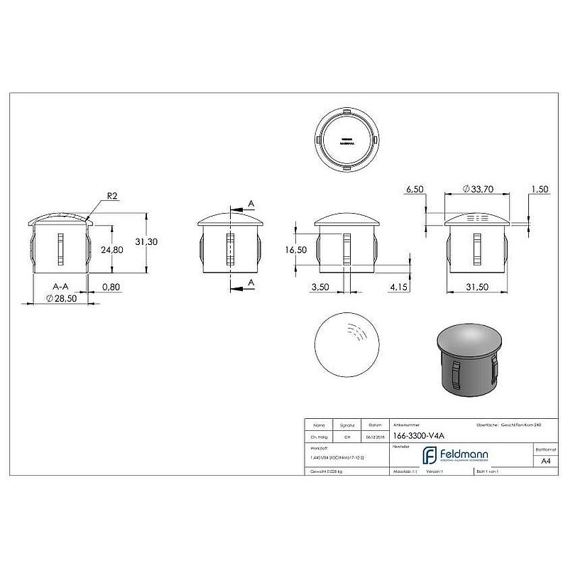 Rohrabschlussstopfen, für Rohr 33,7x2,0 - 2,5mm, V4A