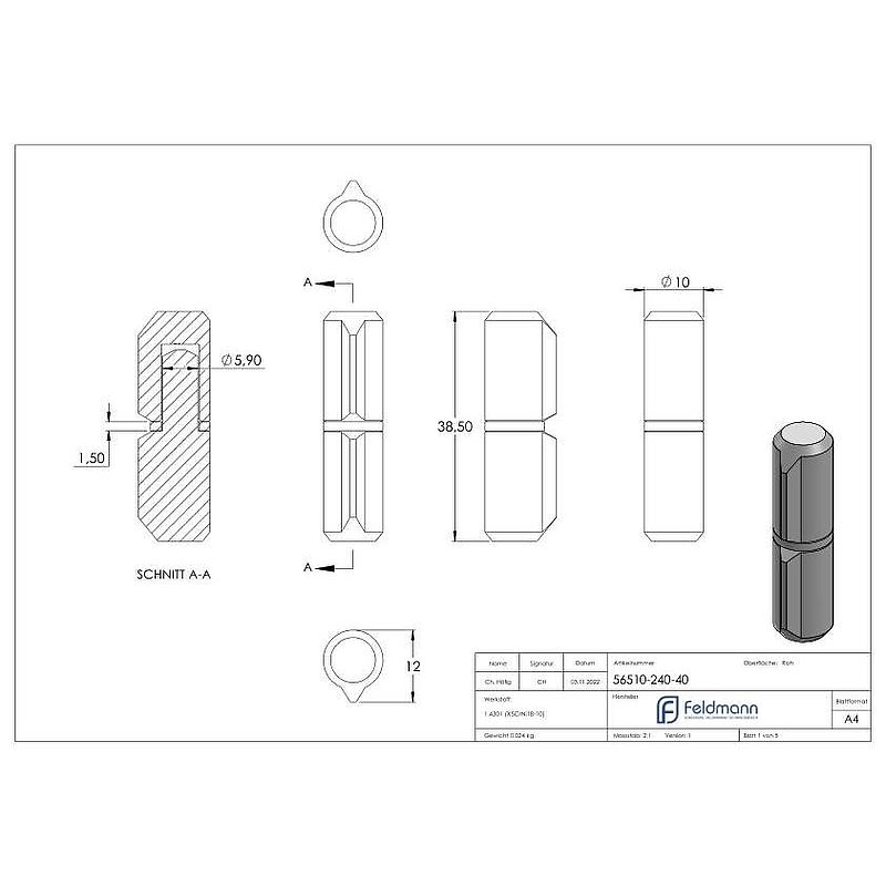 Anschweißband, L: 40mm, mit festem Stift, V2A