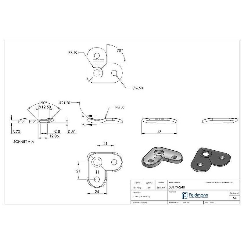 Handrail connection plate 90°, 42.4 mm, AISI304