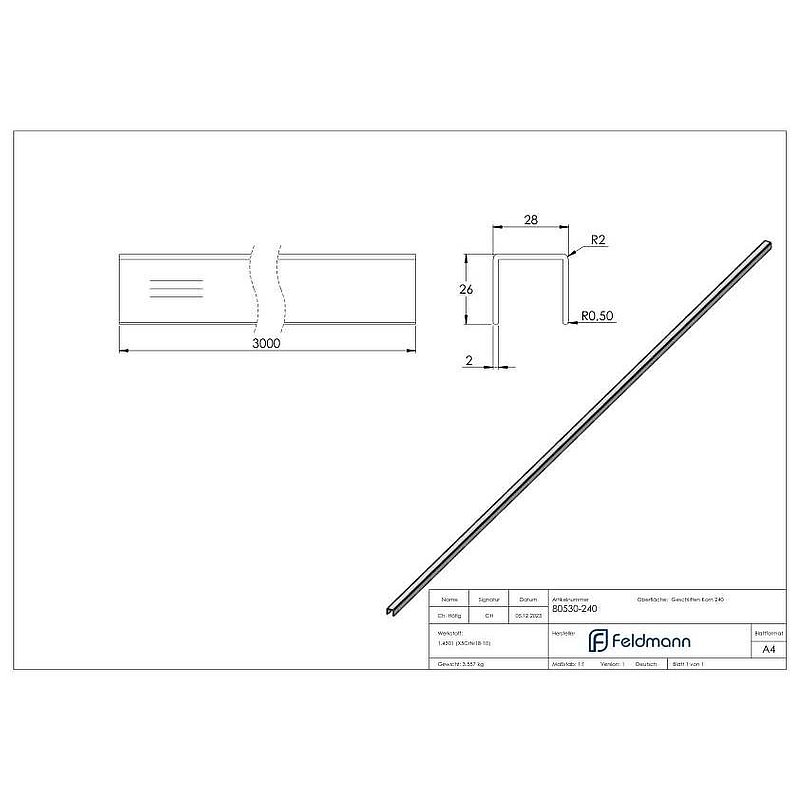 Edelstahl-U-Profil, 28x26x2mm, L: 3000mm, V2A