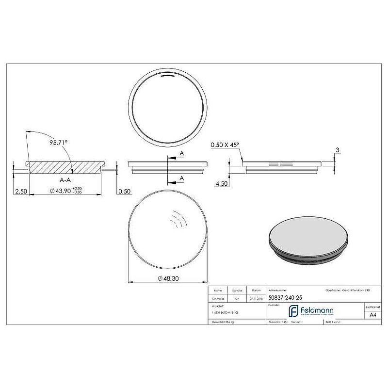 Tube end plug, for tube 48.3x2.5mm, AISI304