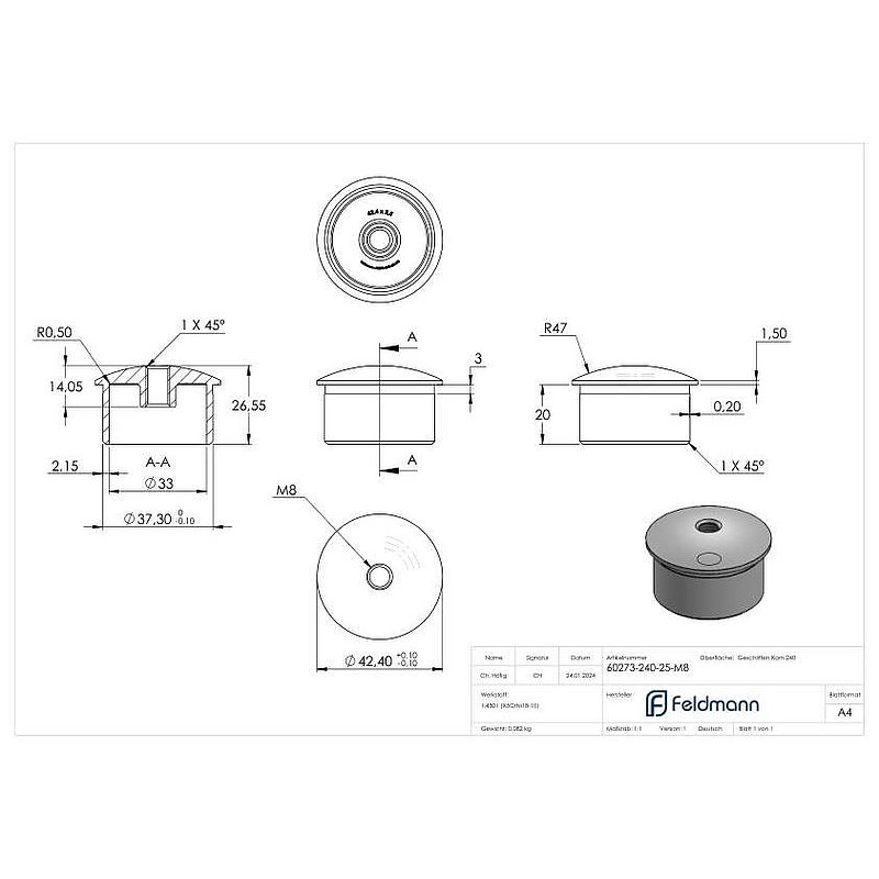 Rohrabschlussstopfen zum Kleben mit M8 für 42,4x2,5mm, V2A