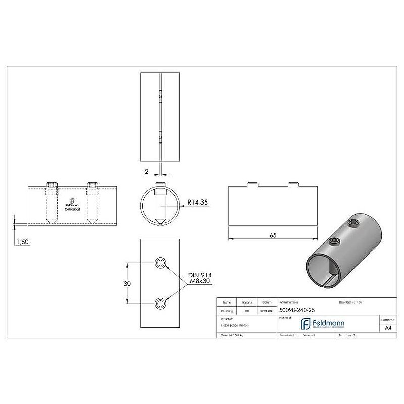Connecting sleeve for tube 33.7x2.5mm, AISI304