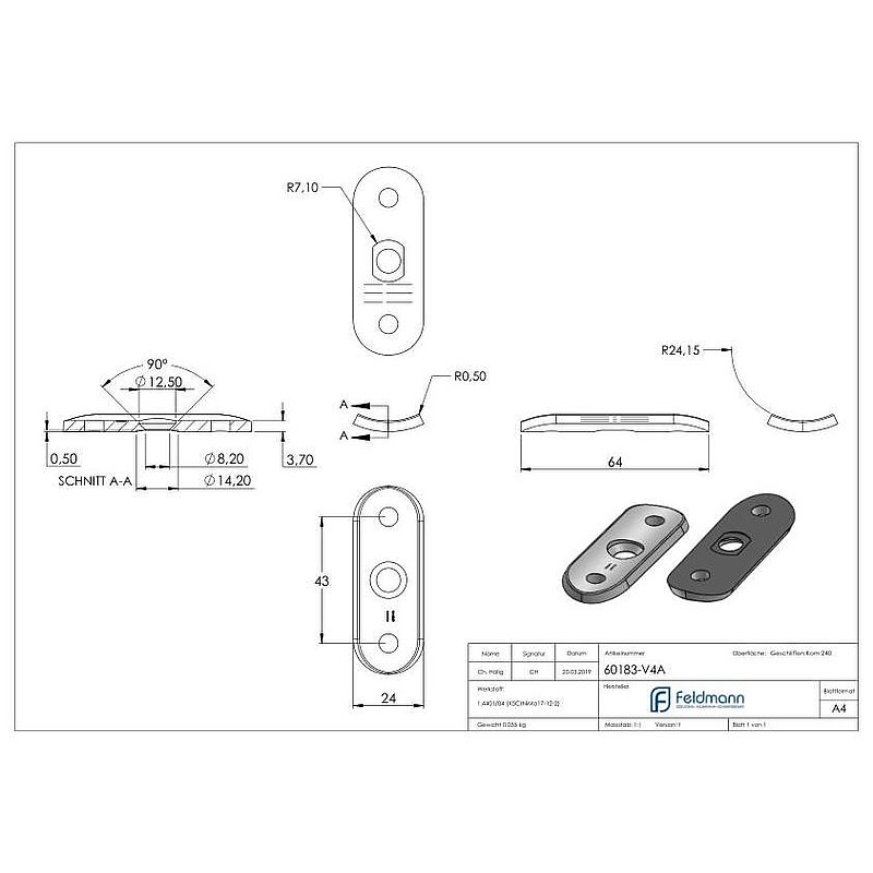 Handrail connection plate, 48.3 mm, AISI316