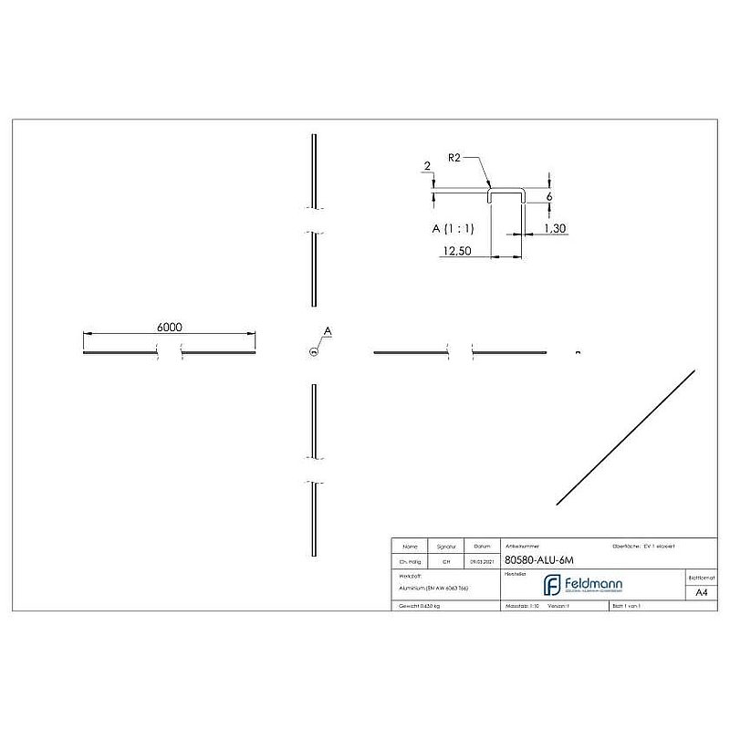 Main courante EXTRA SLIM, pour verre 10,00 - 11,52mm, L: 6000mm, aluminium E4/EV1