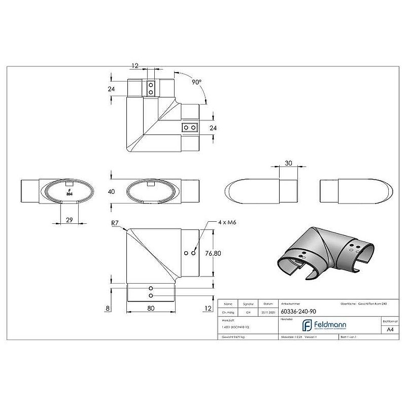 Verbinder 90° für Ovalnutrohr 80x40mm, V2A