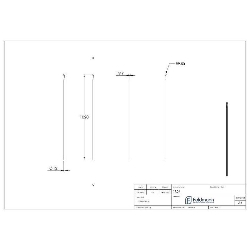 Barre de clôture Ø12mm, H : 1020mm, boule 19mm