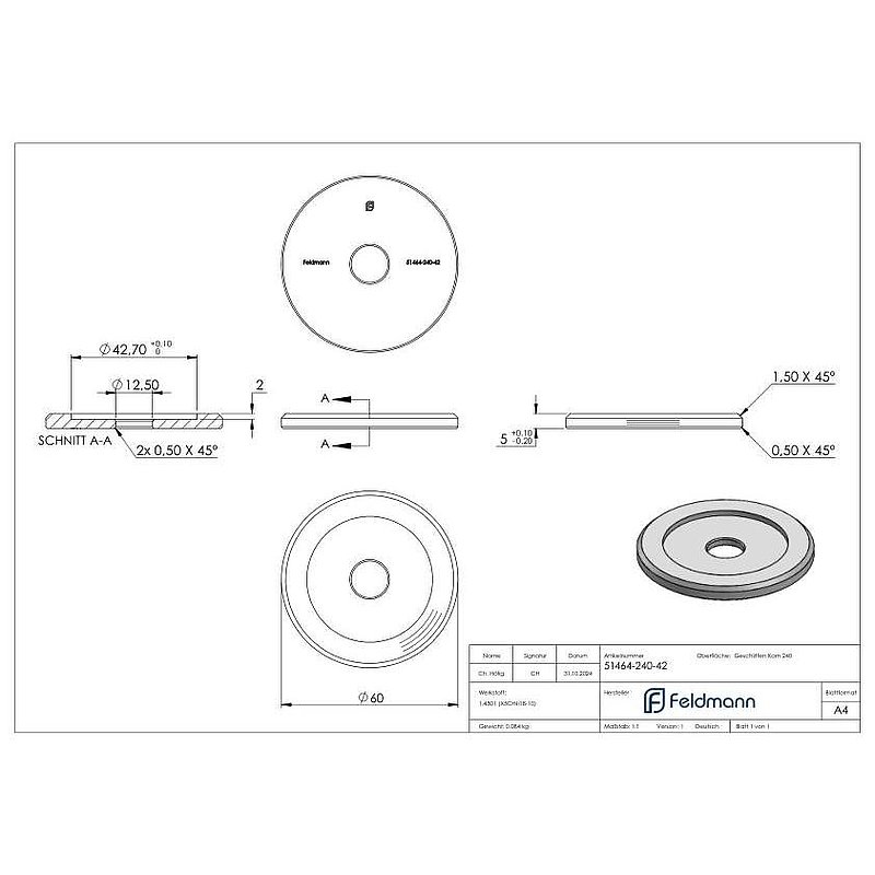 Adapterplatte Ø 60mm für Rohr 42,4mm, V2A