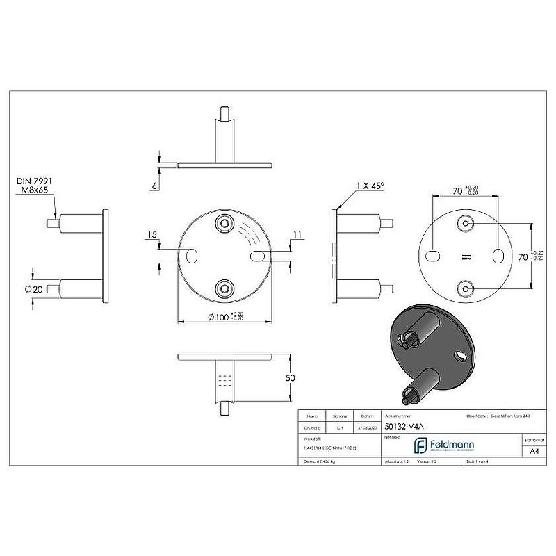 Wandbefestigung für Geländerpfosten 42,4mm, V4A