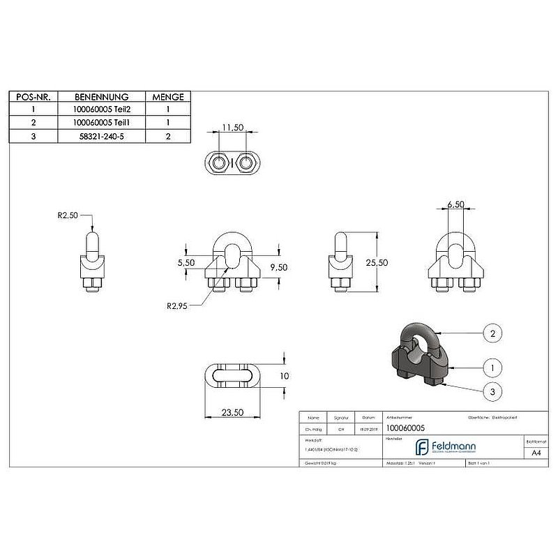 Serre-câble avec étrier pour câble 5mm, V4A