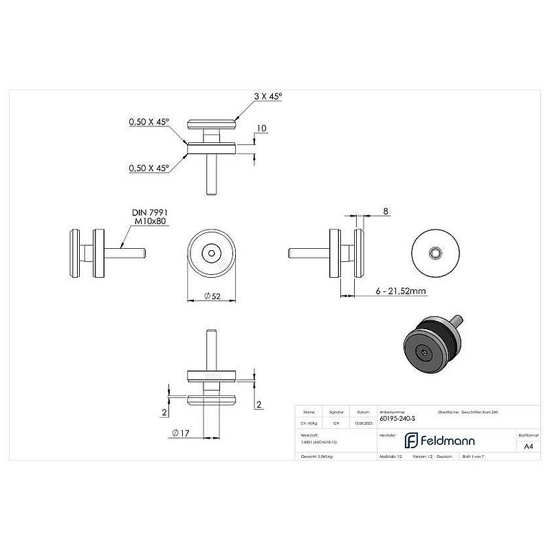 Point de fixation 52mm, plat, avec vis, V2A