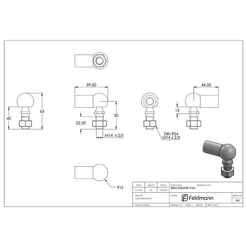 Kugelgelenk M14 x 2 mit Rechtsgewinde, ohne Schraube, V2A