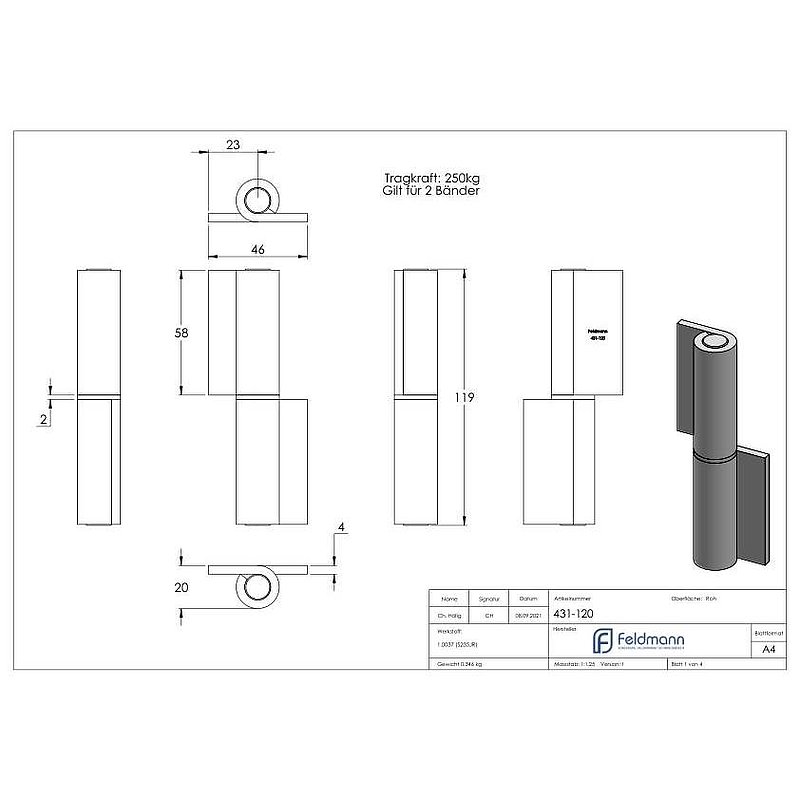 Weld-on hinge 2-piece with loose spigot