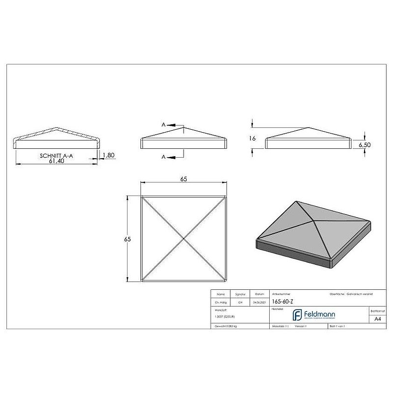 Pfeilerbedecker für Rohr 60x60mm, verzinkt