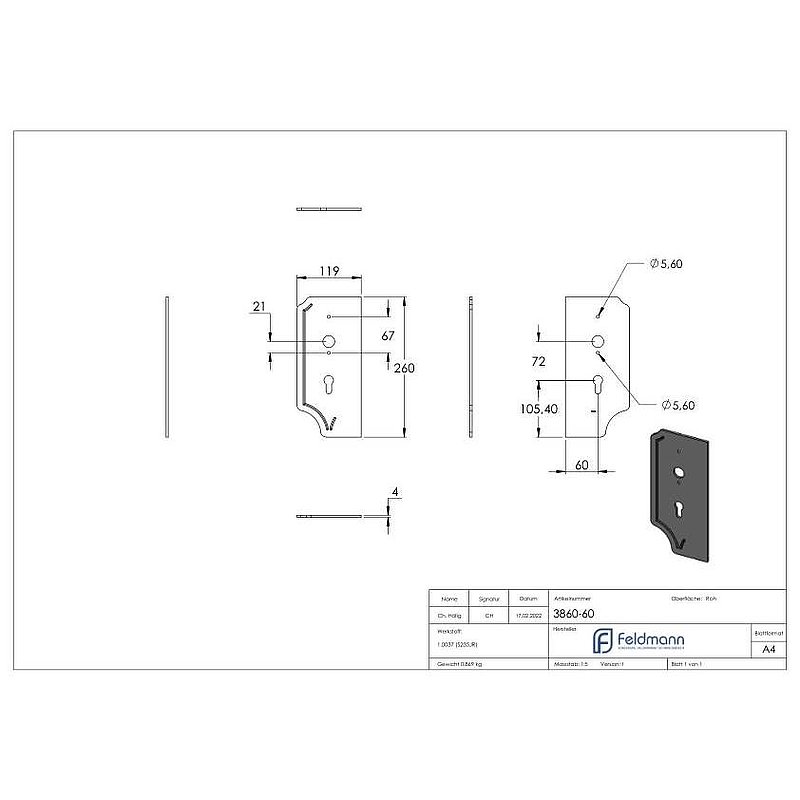 Lock plate perforated, LEFT, with backset 60mm, distance 72mm