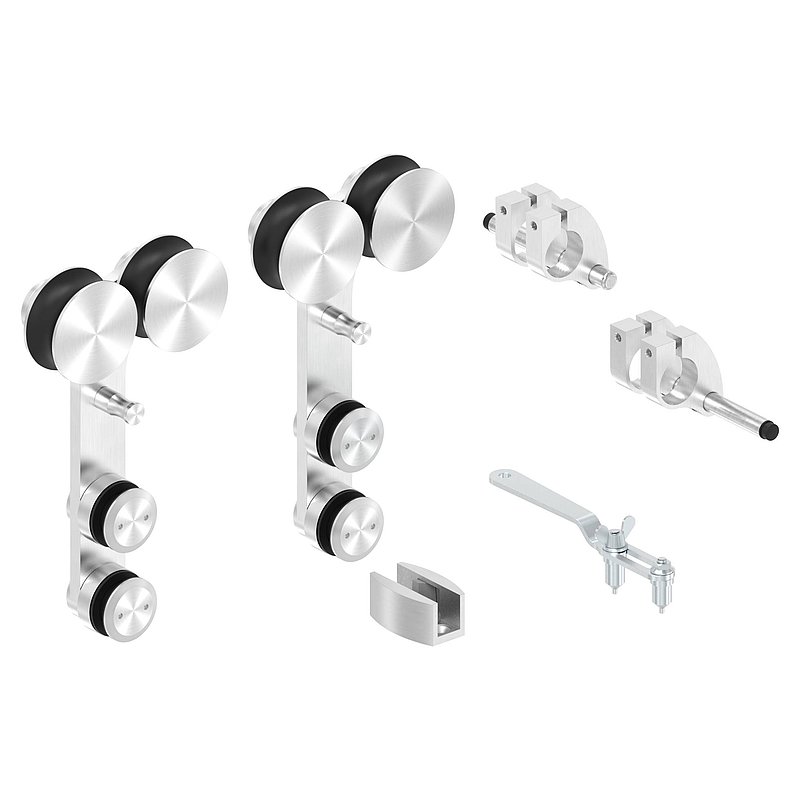 Set mit Doppelrollwägen für Glasschiebetüren, V2A