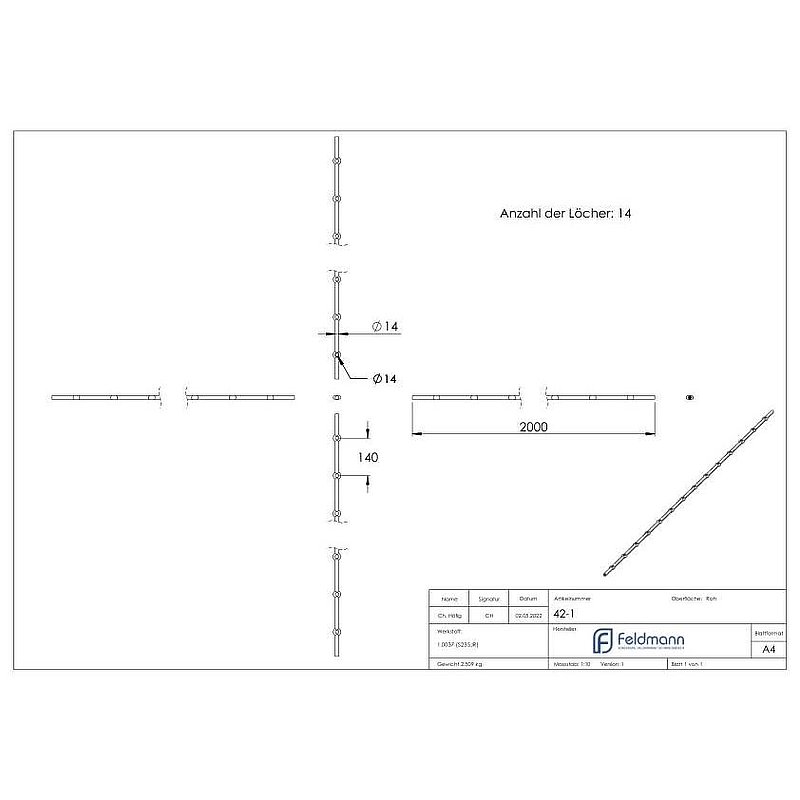 Perforated strip S235JR, 14mm, hole spacing 140mm, 2000mm