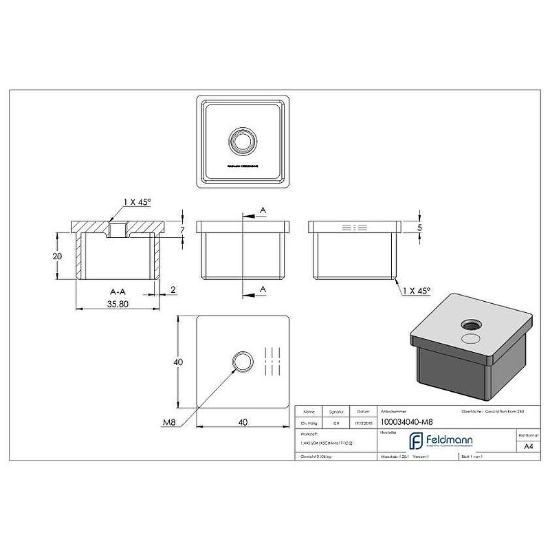 Einsteckkappe, für Rohr 40x40x2,0mm, V4A