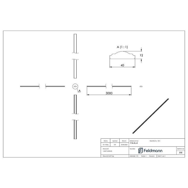 Main-courante S235JR, 40x12mm, L : 3000mm